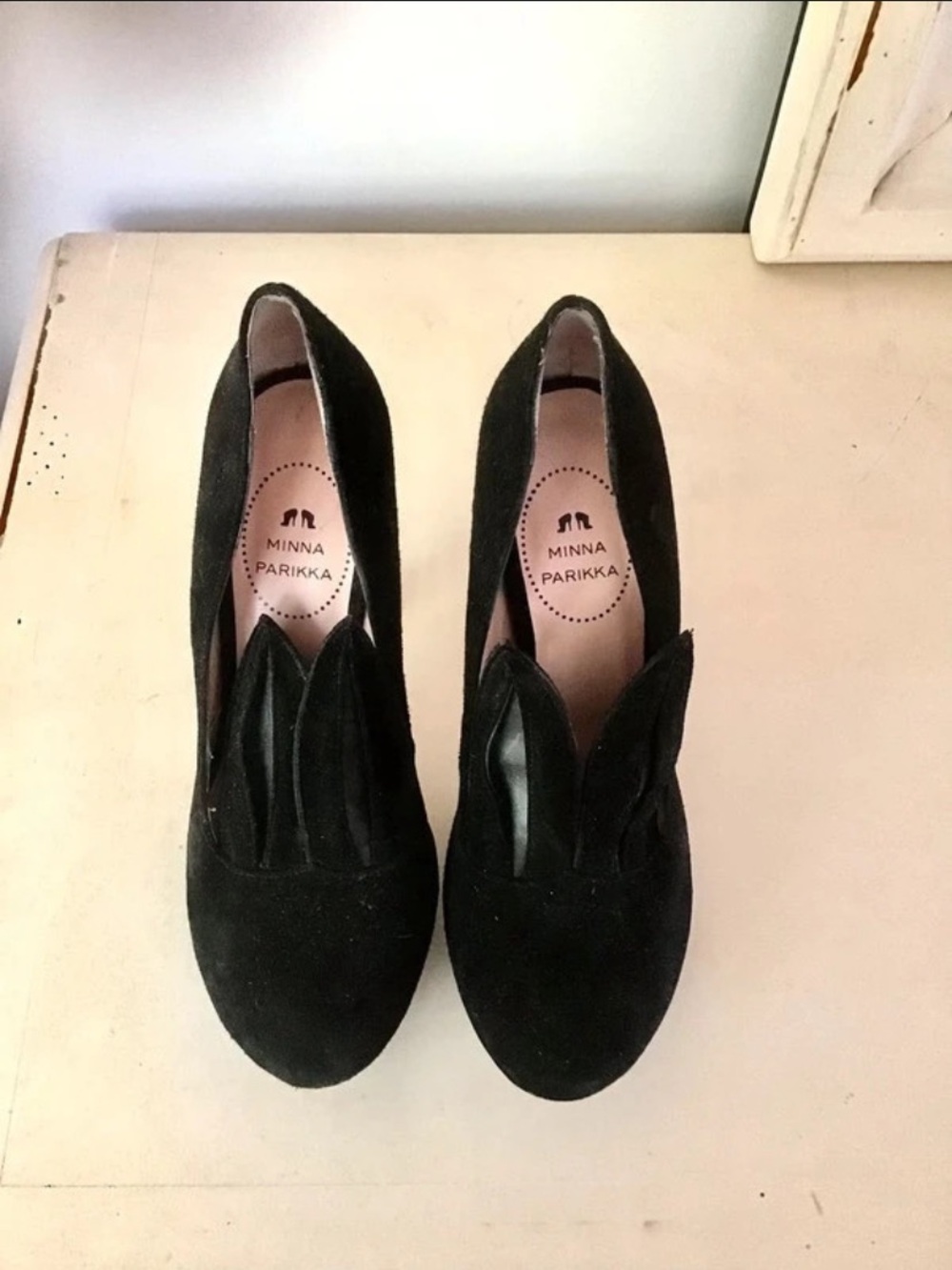 Minna Parikka Black Suede Slip-On Heels with Scalloped Vamp